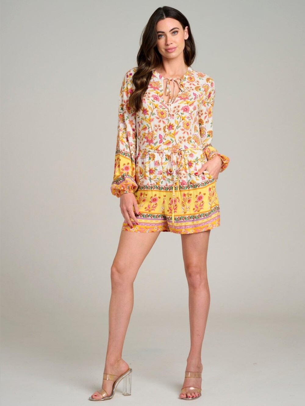 NWT Boho Floral Long-Sleeve Yellow Tie-Front Romper Size S, M & L - Picture 3 of 4